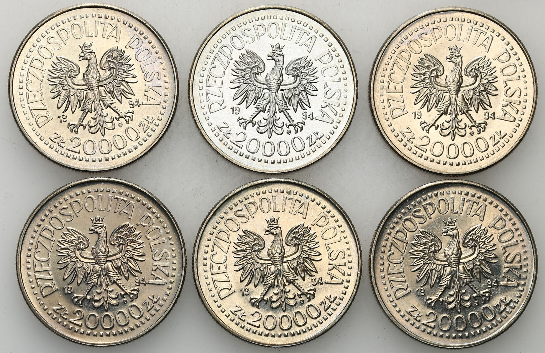III RP. 20.000 złotych 1994 - 75 lat Związku Inwalidów Wojennych, zestaw 6 sztuk